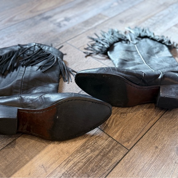 Vintage Black Fringe Leather Mid-Calf Women's Boots - Picture 12 of 13